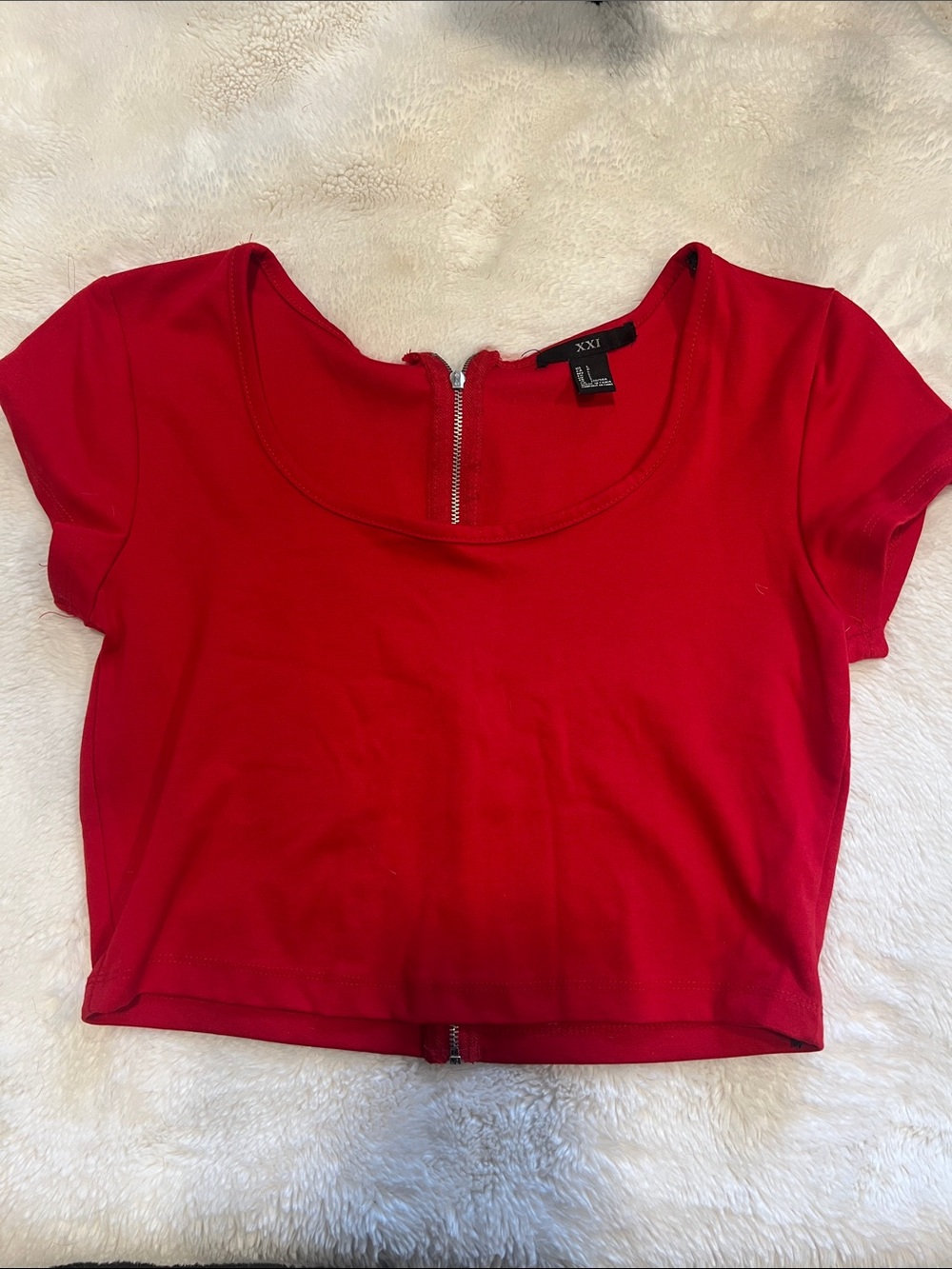 Forever 21 Red Short Sleeve Scoop Neck Crop Top with Back Zip